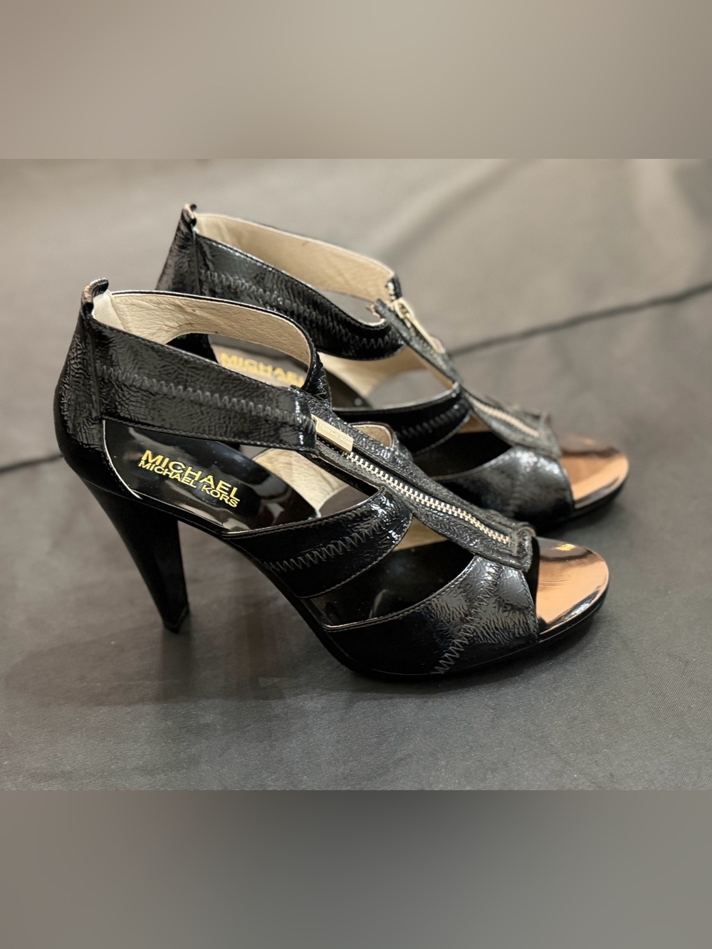 Michael Kors Berkley T-Strap Heeled Sandals in Black Crinkle Patent Leather